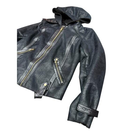 Express Faux Leather Hooded Moto Jacket Black Gold Zip Details Size Large - Picture 3 of 10